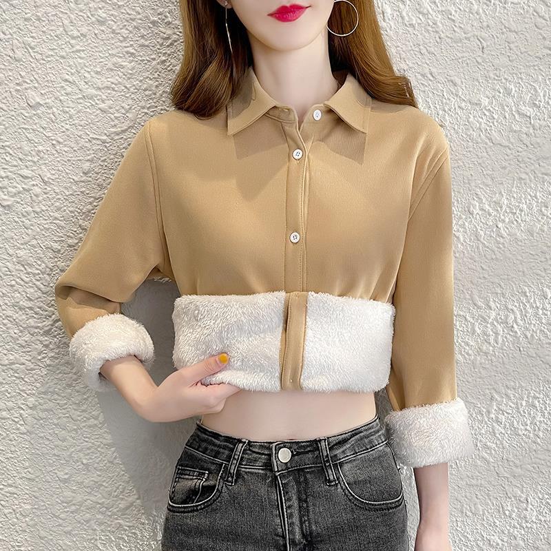 

Женская осенне-зимняя повседневная блузка на пуговицах, рубашка с длинным рукавом, винтажная женская теплая плюшевая рубашка L хаки
