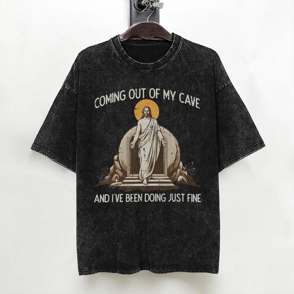 Jesus Coming Out Of My Cave Washed T Shirt Streetwear Hip Hop Casual Tshirt Tee Shirt Men Women 100 Cotton Oversize Summer