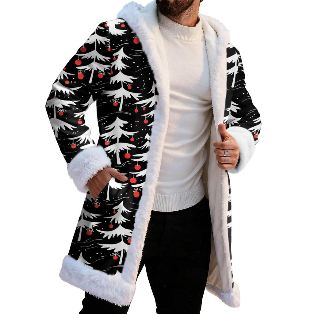 Men's Christmas Long Hooded Cardigan With Pockets Warm Jacket