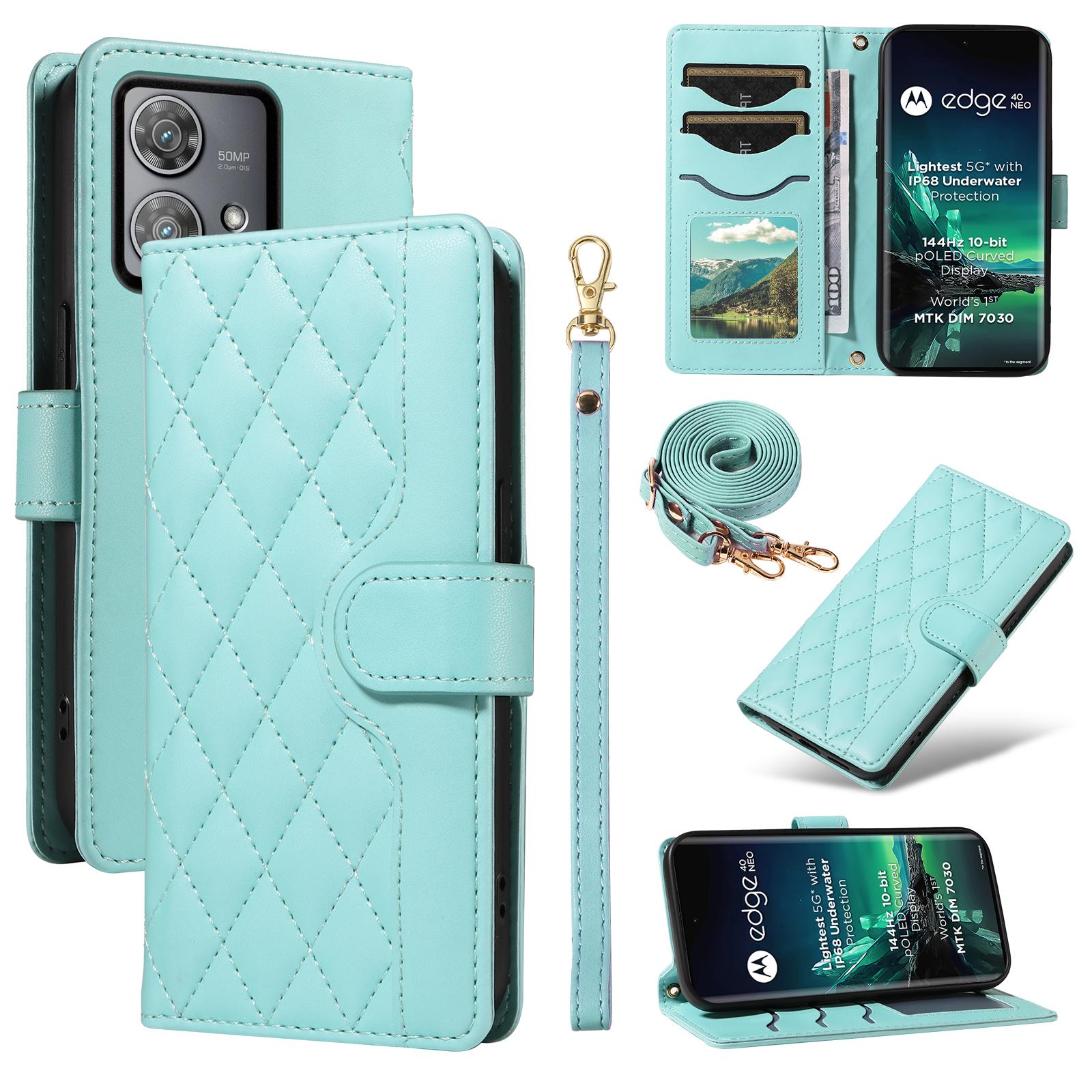 

For Motorola Edge 40 Neo 5G Case Wallet Rhombus Leather Phone Cover with Shoulder Strap,Wrist Strap Green