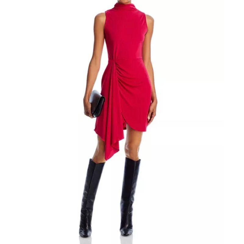 

Export Single AQ Home Commute Slim-Fit Slim Looking Stretch Stand Collar Ruffle Ol Elegance Sleeveless Ruffle Hip Dress Rose Red 2XL