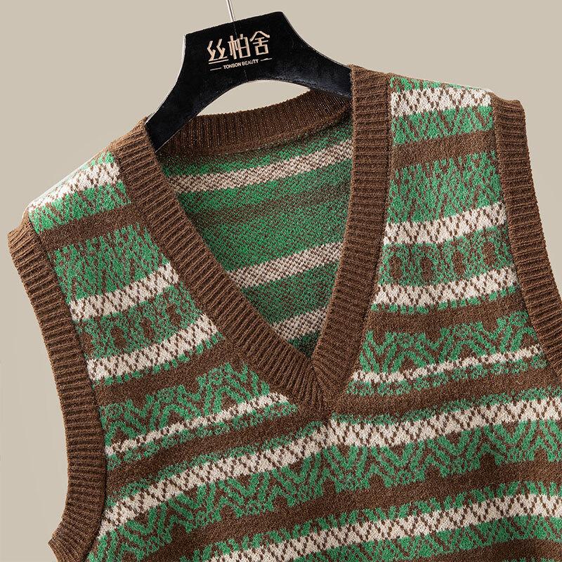 Damen V-Ausschnitt Strickweste mit Kontraststreifen