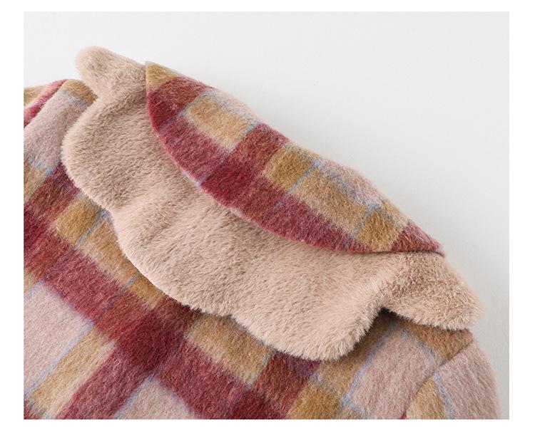 Girls' 2025 Mid-Length Plaid Wool Coat - Thickened for Autumn/Winter Warmth