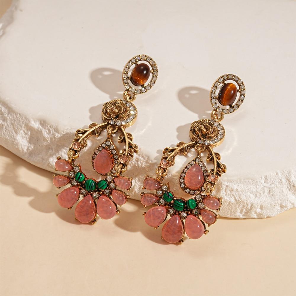 Inlaid Rhinestone Flower Necklace Earring Trendy Clavicle Chain Pink Water Drop Necklace  Party