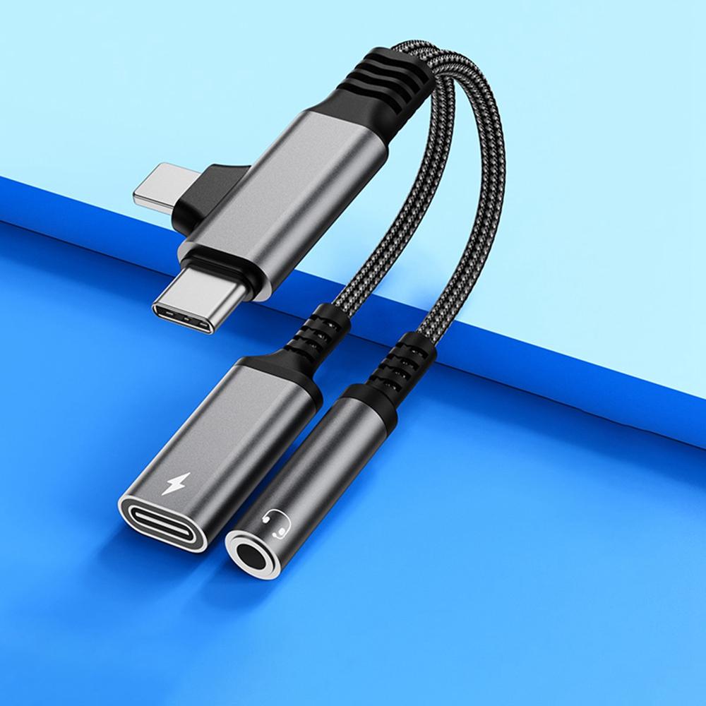 

L-Shaped iP/USB-C to 3.5mm Female+Type-C Charging Cable Audio Charging Adapter Red