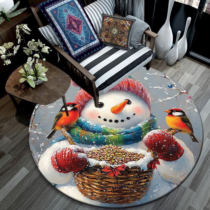 Snowman with Birds Round Area Rug,Carpet Rug for Living Room Bedroom Sofa Playroom Decor,Non-slip Floor Mat