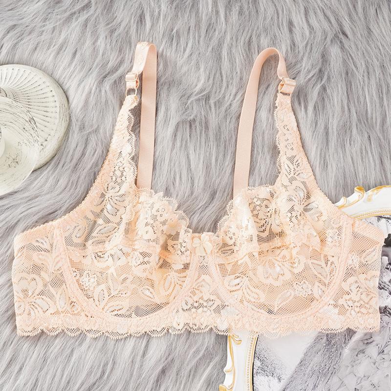 Dámská podprsenka Plus Size bez vyztužení, módní ultra tenká podprsenka, průhledná sexy jednovrstvá krajka, dámské spodní prádlo