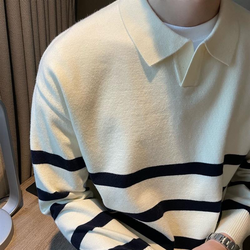 Striped Polo Collar Knitted Sweater For Men's Autumn And Winter Loose Casual Sweater Business Commuting Top