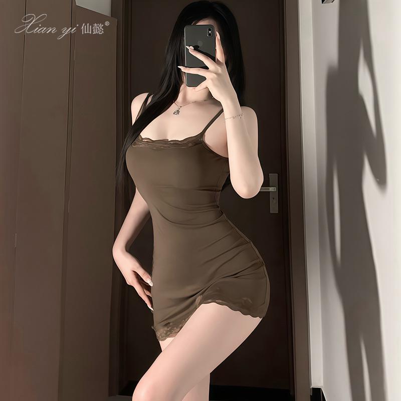 Xianyi Pure Desire Lace Splice Sexy Bodycon Sling Dress - Solid Color Sleepwear 689