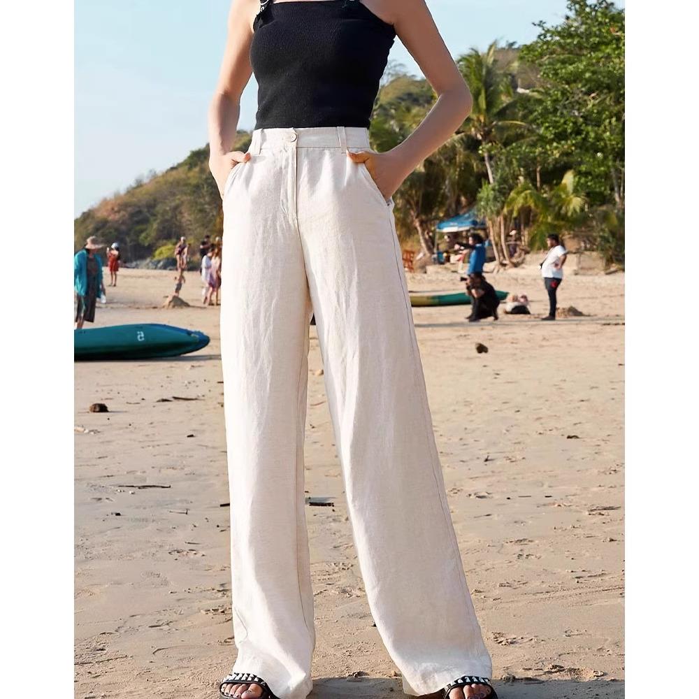 Women s Japanese Pure Linen Cropped Wide-Leg Pants - Slimming, Non-See-Through, White, Spring/Summer 2026 L
