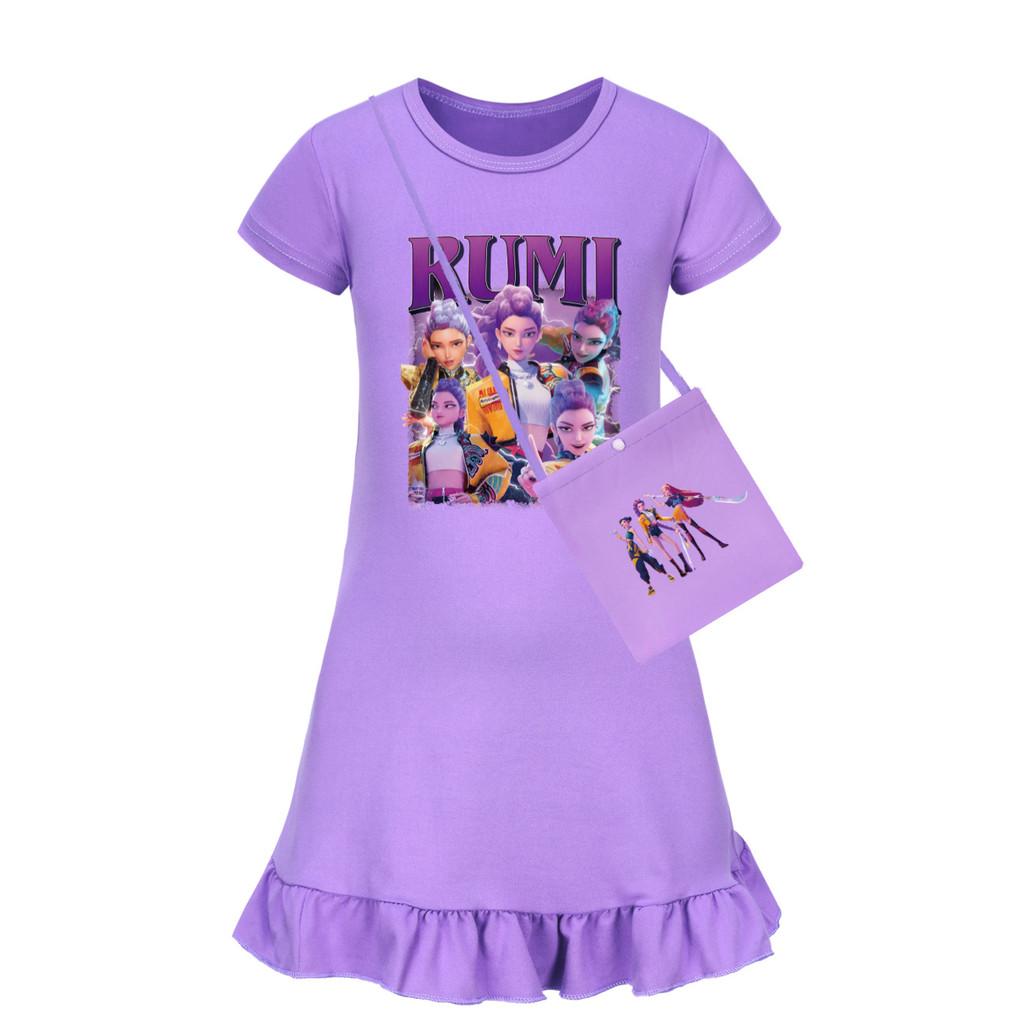 Demon Kpop Hunters Girl Short Sleeve Sleep Dress With Ruffle Hem For Use Bedroom