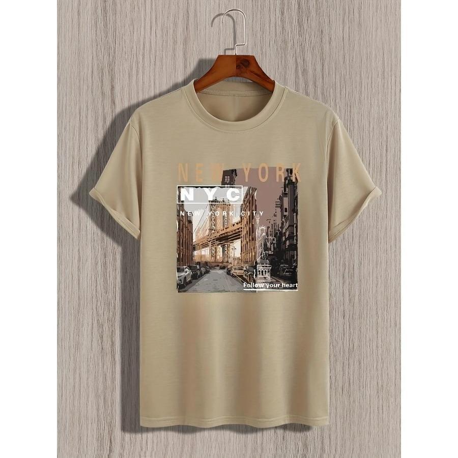 Herr 100% bomull sommar lös passform vardaglig New York-tryck rund hals kortärmad T-shirt topp O-hals Pactwork Vardags-T-shirt