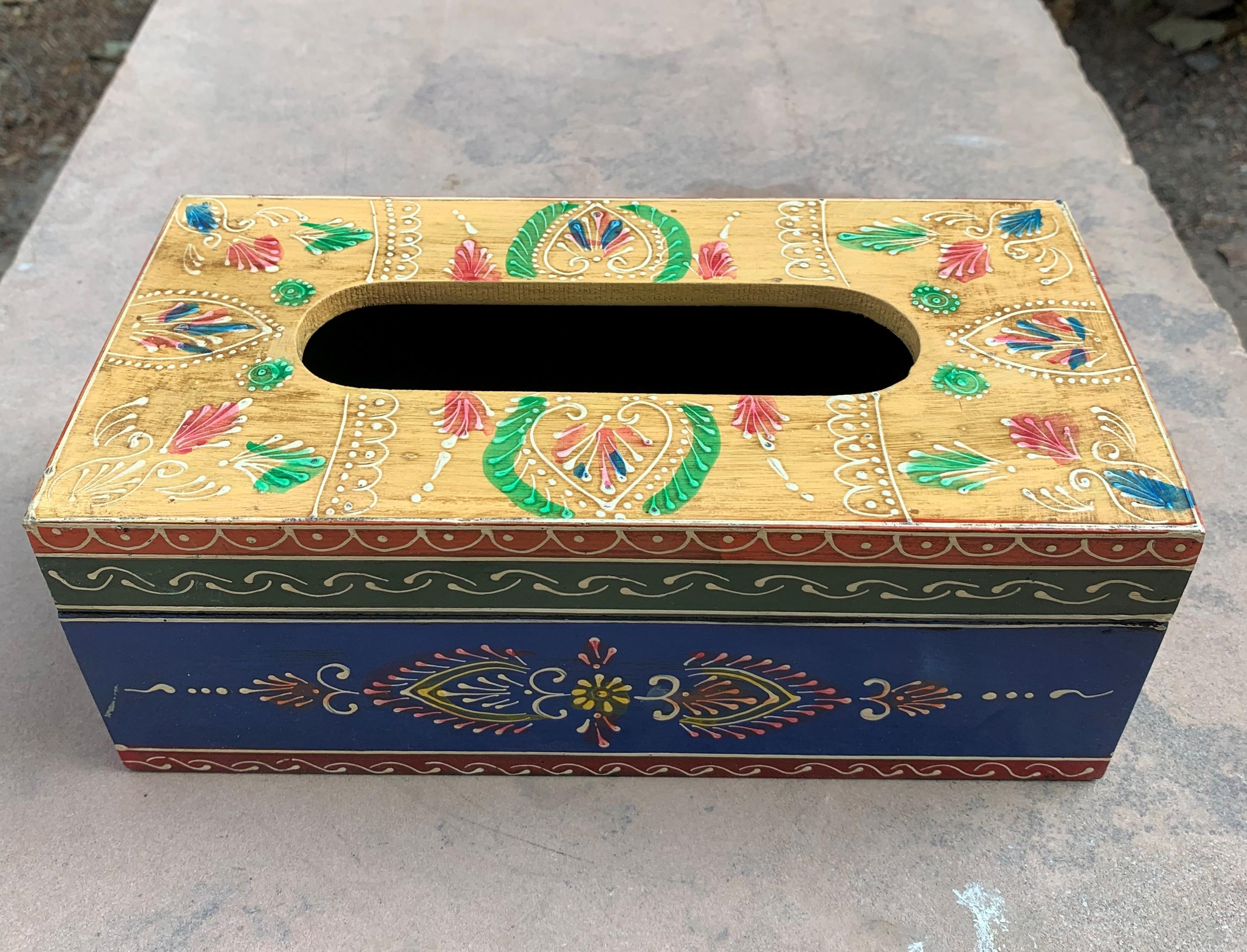 

Hand Painted Wooden Tissue Box Cover | Indian Folk Art Napkin Holder | Ethnic Tabletop Decor 4 x 10 x 5 (h x l x w) approx.