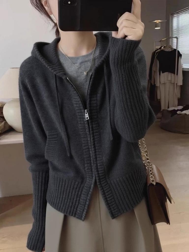 Women's Long Hooded Pure Wool Knit Cardigan with Double Zipper and Pockets