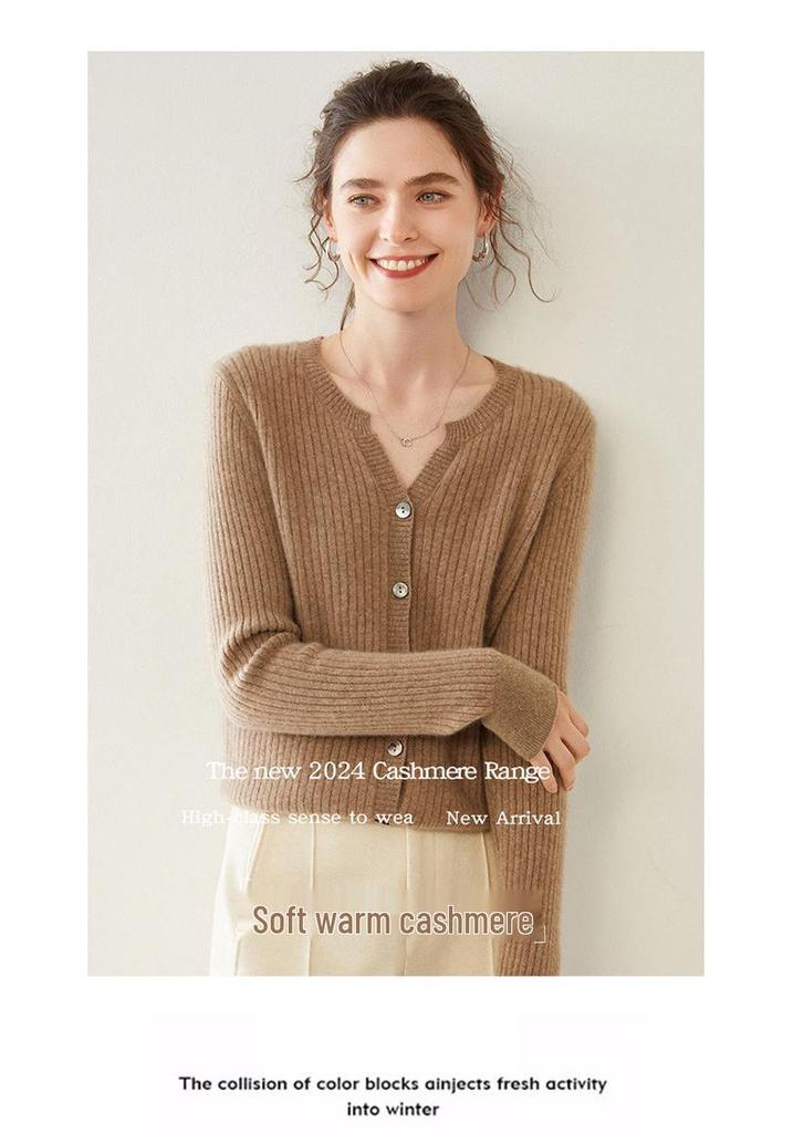 2024 Women's Fall/Winter Round-Neck Ribbed Cashmere Cardigan Sweater: Elegant Knitwear