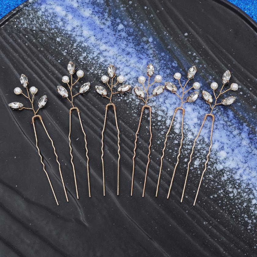 6 PCS Épingles à Cheveux Mariage Cristal Forme U Coiffe de Mariage Couleur Argent Or Épingles à Cheveux Perle Strass Accessoires Cheveux Mariage