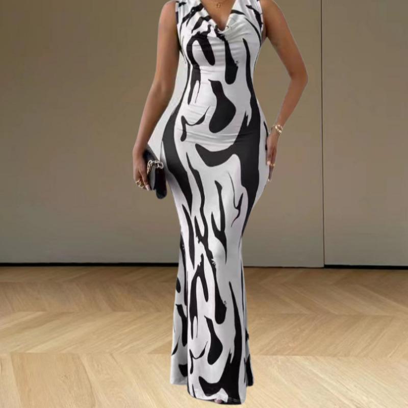 Fashion Elegant Pile Collar Maxi Long Dress New Sleeveless Printed Bodycon Party Dresses Plus Size Female Sexy Women's Clothing 3349