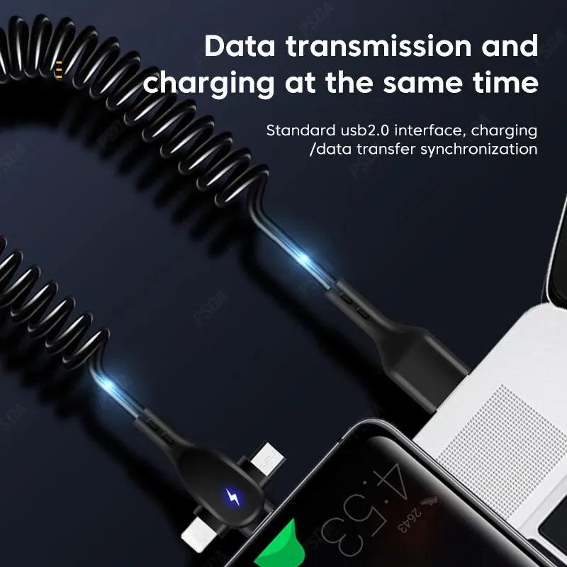 3 in 1 66W 6A Fast Charging USB Type C Cable Micro USB Spring Car Charger For iPhone Xiaomi  Samsung Phone Charger Cord