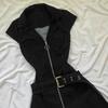 Abito in Denim da Donna a Maniche Corte con Collo a Polo Vita Alta Bodycon Midi Abiti Casual