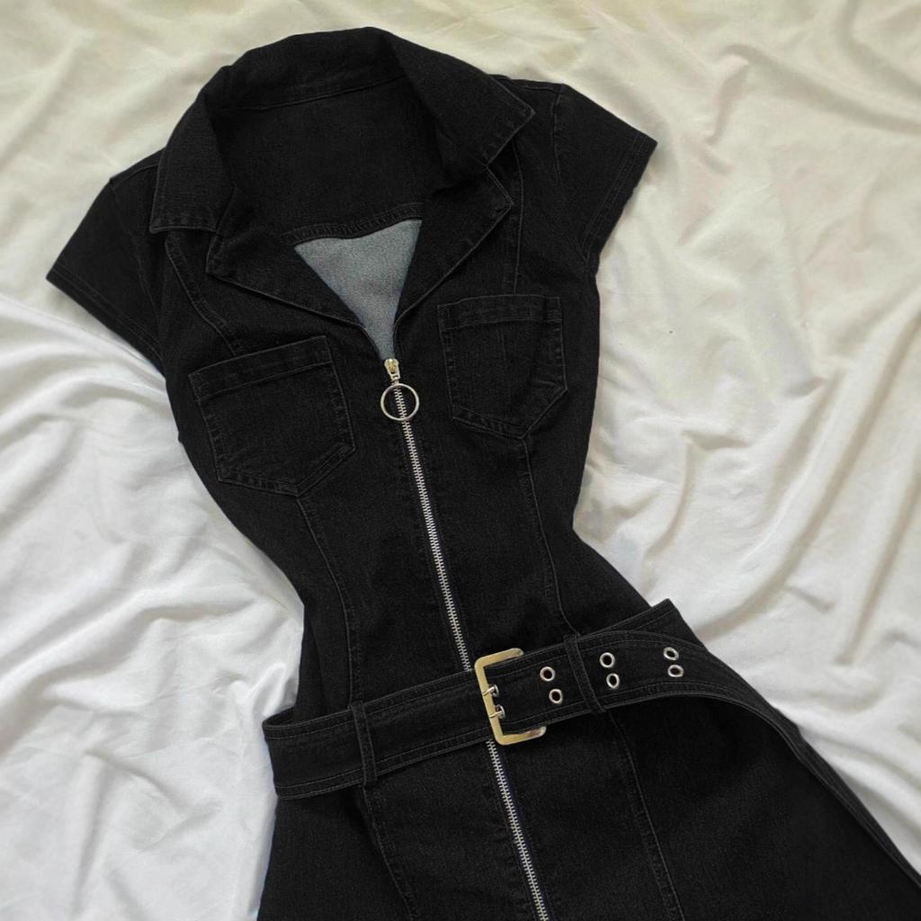 Abito in Denim da Donna a Maniche Corte con Collo a Polo Vita Alta Bodycon Midi Abiti Casual