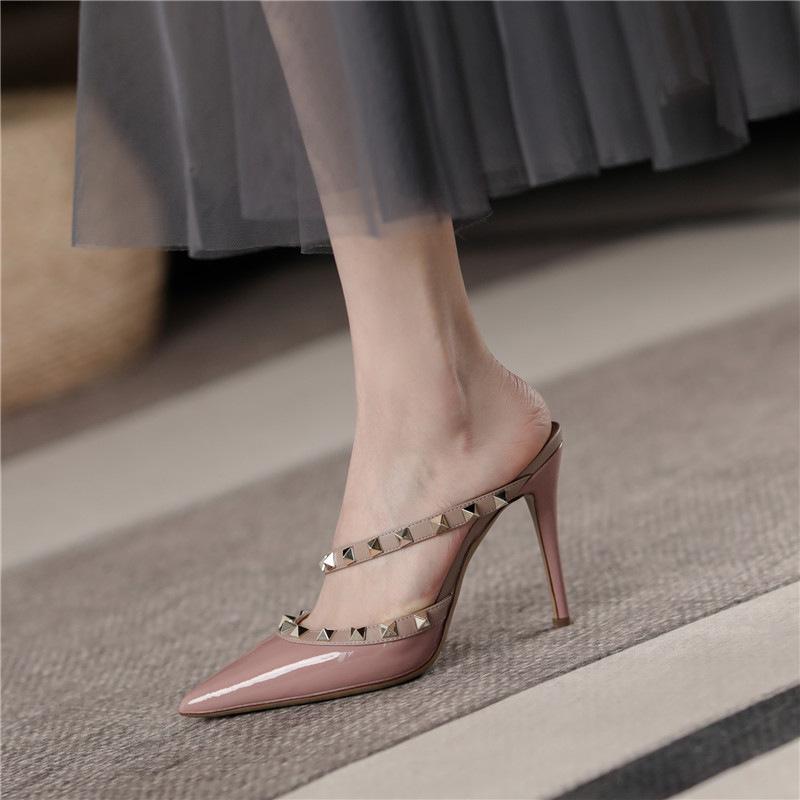 Nude high heels women's 2025 autumn new rivet pointed one word with cool slippers versatile outer half slippers women