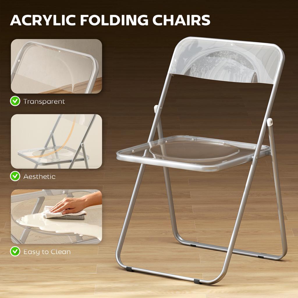 Foldable Chairs, Folding Chairs with Transparent Seat and Backrest, Heavy Duty Steel Frame, 47W x 48D x 75H cm, Clear