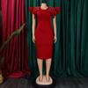 Ruffles Sleeve Solid Beaded Dresses Women 2026 New O Neck Package Hips Mid Calf Elegant Birthday Party Dinner Vestidos Mujer