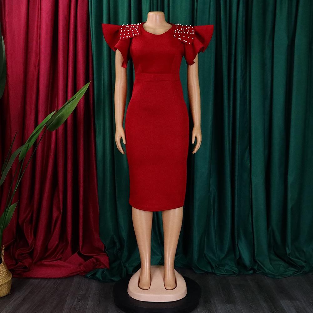 Ruffles Sleeve Solid Beaded Dresses Women 2026 New O Neck Package Hips Mid Calf Elegant Birthday Party Dinner Vestidos Mujer