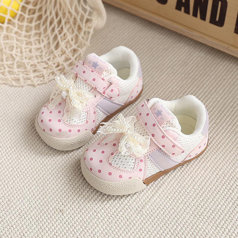 2026 Velcro Polka Dot Mesh Toddler Shoes - Breathable, Versatile Bow Design for Baby Girls Size 19 розовый