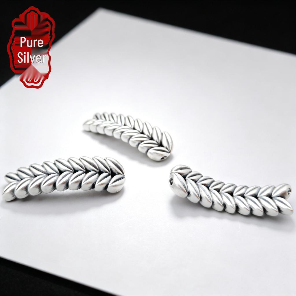 Sterling Silver 999 Wheat Ear Spacer Beads for DIY Bracelets - 3D Traditional Craft Pure Silver Jewelry Accessory.