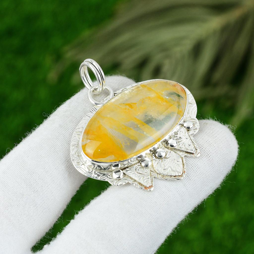 Natural Golden Rutile Gemstone Pendant 925 Sterling Silver Jewelry For Girls