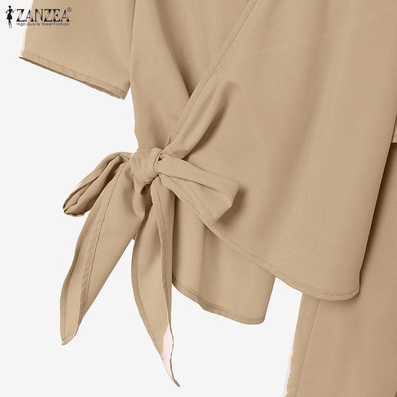 ZANZEA Womens Casual V-Neck Half Sleeve Wrap Tie Top and Loose Pants Two Piece Suit Sets