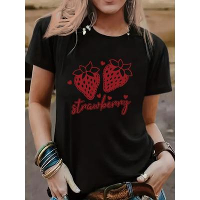 Women's Red Strawberry Heart Print Tee Casual Short Sleeve Spring Summer Top