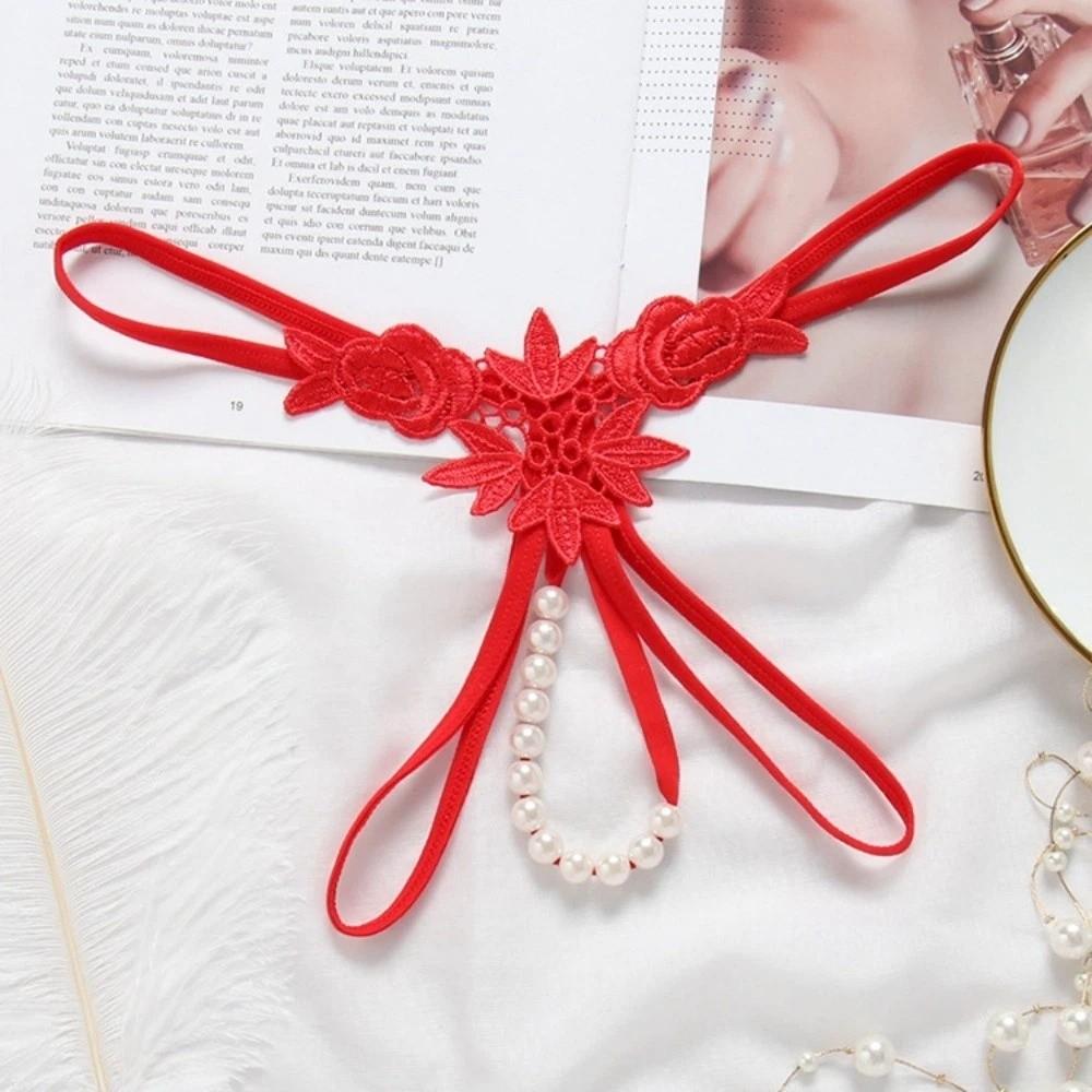 Hollow Open Crotch Lace Pearl Panties Low Waist Thin Belt Thong Valentine's Day Gift