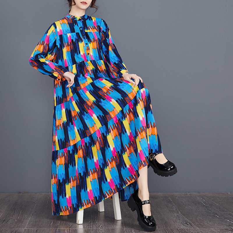 Spring and Summer New Loose Large Size Fashion Print Splicing Long Sleeve Cake Dress Dress
