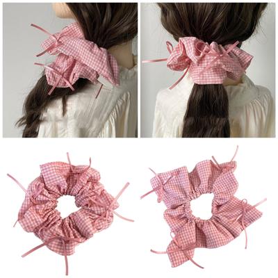 Lattice Pattern Hair Scrunchies with Bowknot Decals Elastic Hair Rope Spring Camping Ponytail Holder Girl Hair Rope