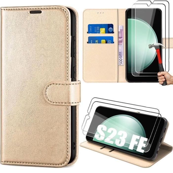 Coque de protection - BOOLING - pour Samsung Galaxy S23 FE - Cuir PU doré - Antichoc - Poche à cartes