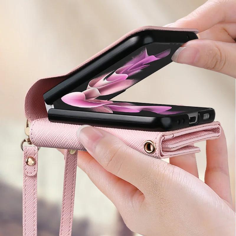 Lanyard Wallet Leather Cards Solt Case For Samsung Galaxy Z Flip 6 5 4 Flip4 5G Purse Bag Hand Strap Skin Feeling Back Cover