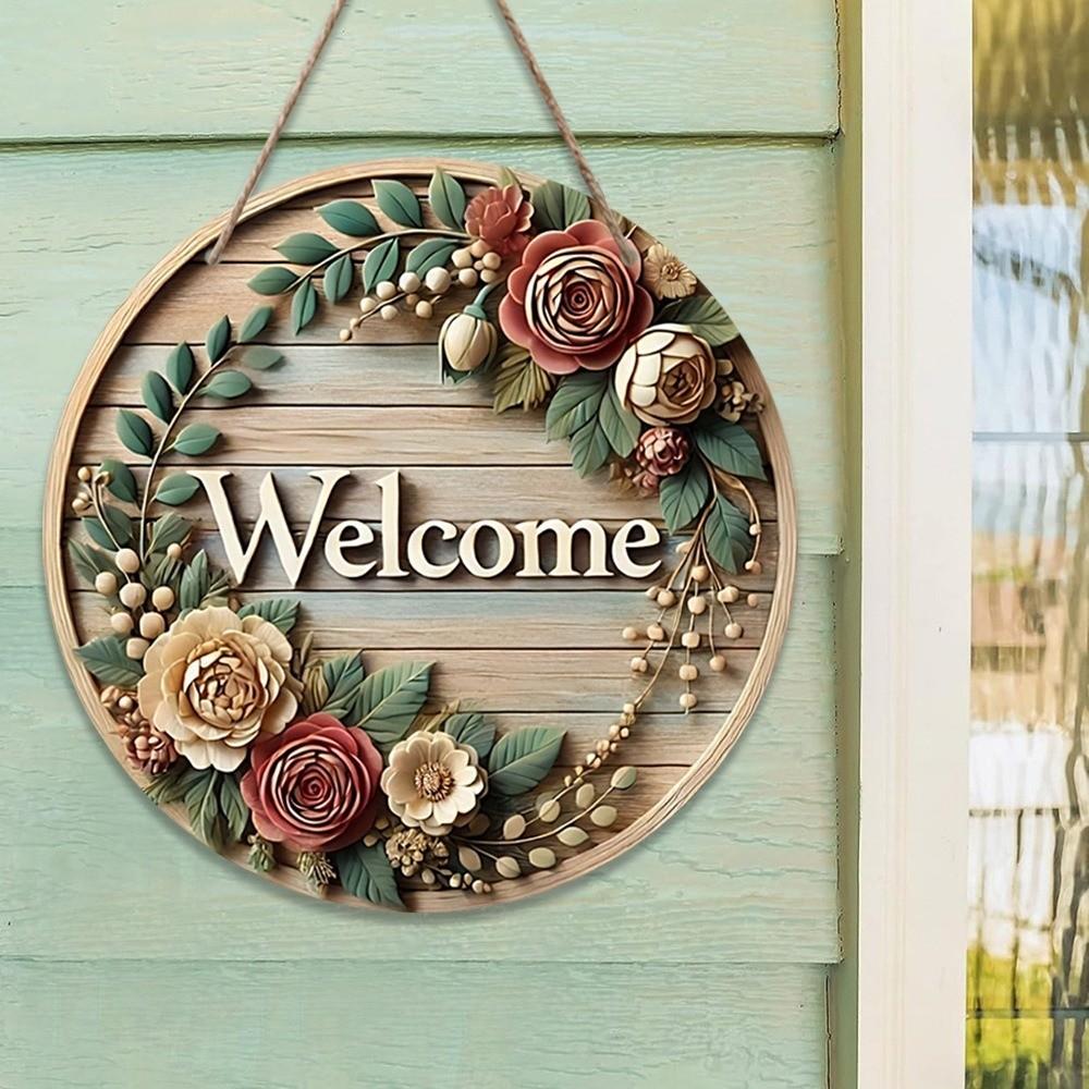 Neues 2D Flaches 2D Rundes Willkommensschild Katzenaufdruck Blumendruck Hängendes Holzschild Warmes Zuhause Retro-Stil Wandschild Heimdekoration