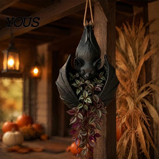 Artistic Three Dimensional Carving Planter Hanging Bat Plant Pot, Creative Gothic Planter, Halloween Style Flower Pot Decorative Container for