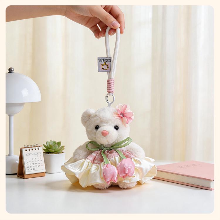 Adorable Little Bear Plush Pendant for Girls' Bags – Moe Style Doll with Flower Skirt Keychain Gift