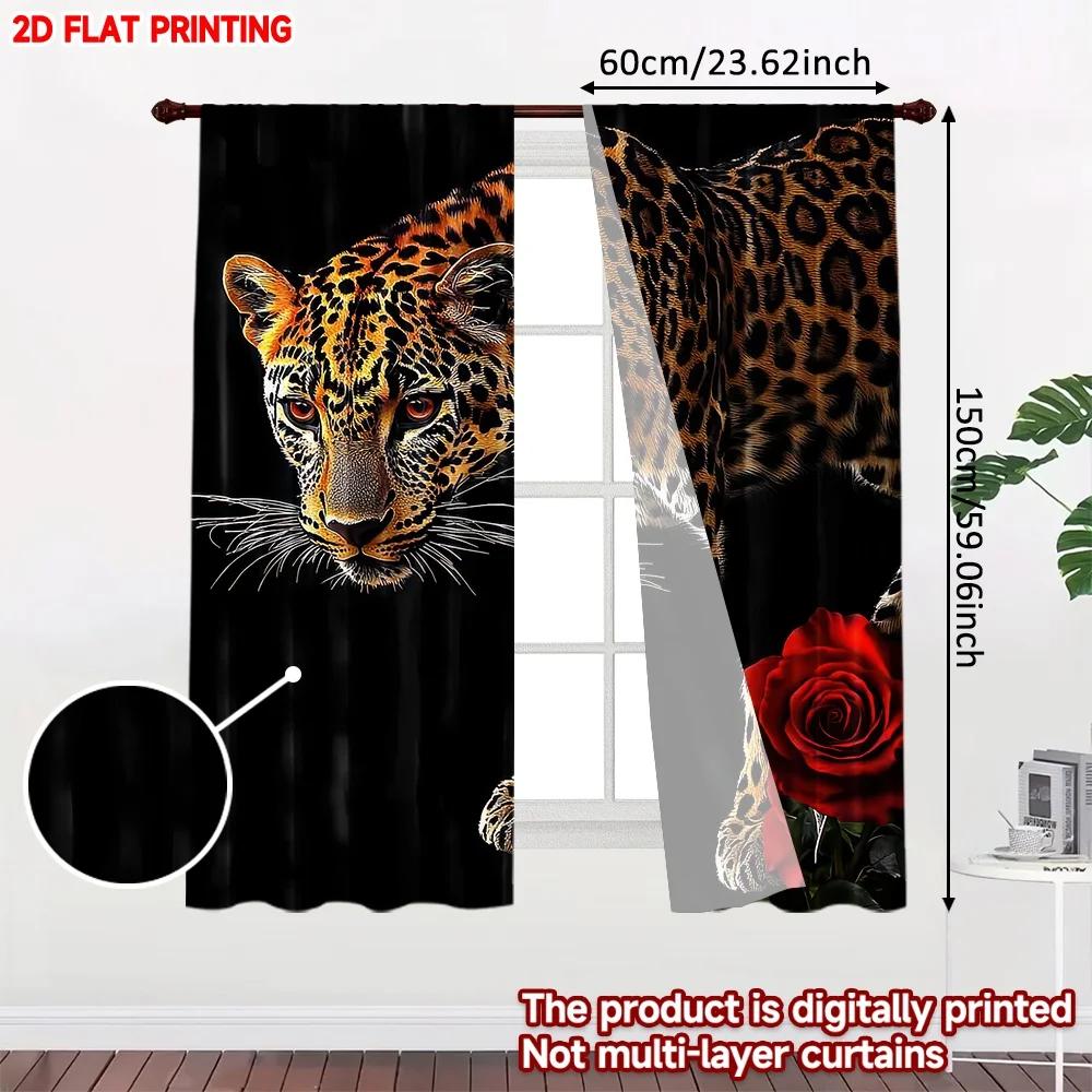 2pcs Leopard with Red Roses Curtains Digital Printing   Wild Animal Floral Pattern On Black Background for Bold Living Room Decor