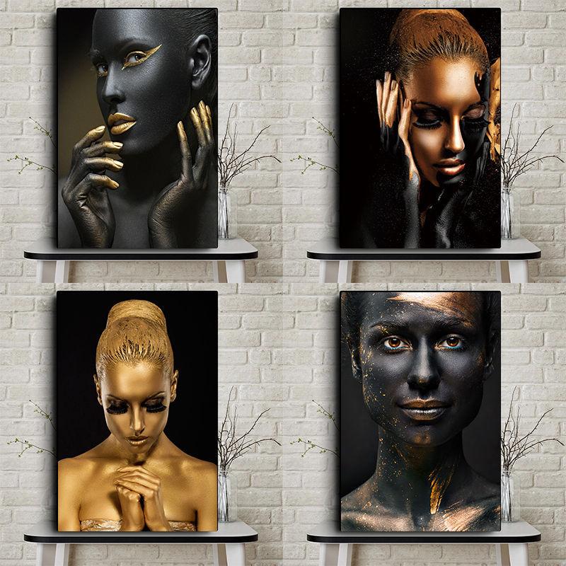 African Art Black and Gold Woman Oil Painting On Canvas Picture for Living Room Contemplator Posters and Prints Scandinavian