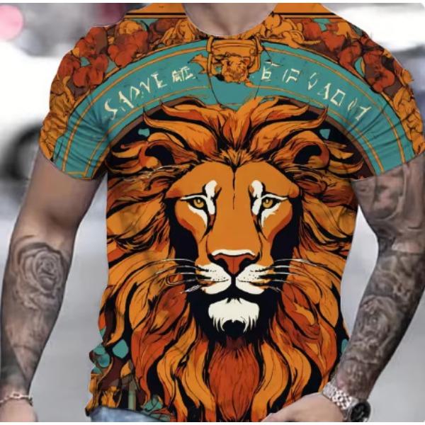 Summer Casual Men's Clothing Oversized Loose Lion Pattern Printed Short Sleeved Round Neck Fitness T-shirts