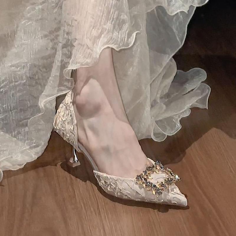 Fashion African Woman Shoe Sexy Heels All-Match Pointed Pumps Burgundy Crystal Crossdressers Summer Fine Slimming Closed Beige Retro Toe