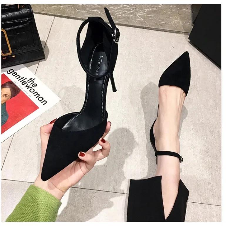 Spring and Autumn High Heel Women 2025 New Versatile Thin Heel Professional L Pointed Black Buckle Strap Single Shoe Women