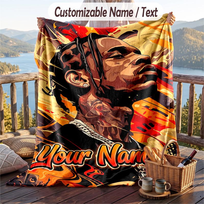Personalized Flannel Throw Blanket,Travis Scott Custom Printed Name, Cozy Plush Blanket For Home Use