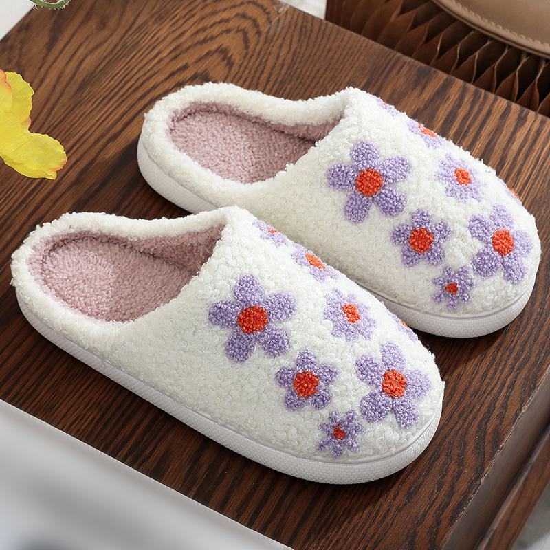 Fashion Winter Flower Cotton Slippers Women Soft Faux Fur Warm House Shoes Slipper Woman Non Slip Wear Resistant Plush Slides Lady