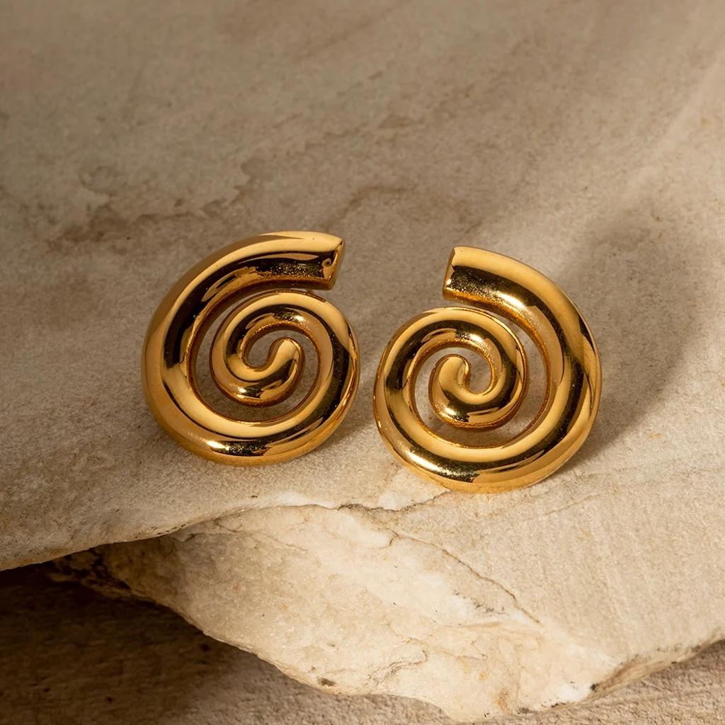 Gold Color Metal Glossy Stud Earrings INS Simple Spiral Texture Women's Earrings Trendy Jewelry Fashion Earring For Women