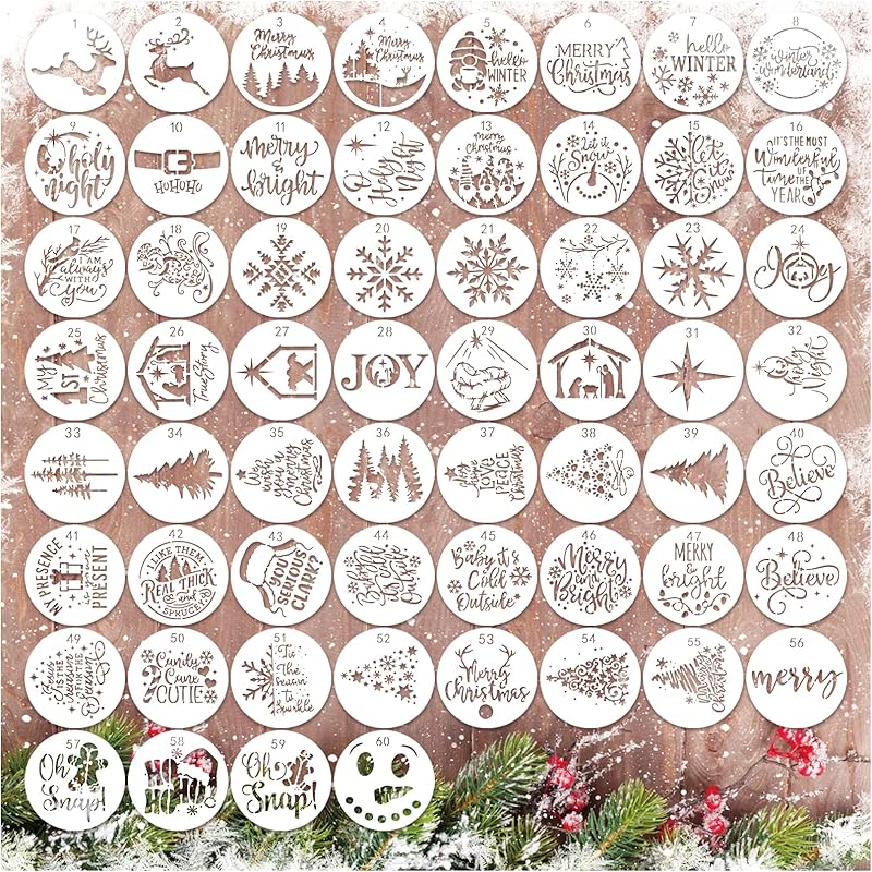 60pcs Christmas Stencils for Painting on Wood 3 Inch Small Nativity Ornament Reusable Holiday Xmas Drawing Stencil Templates for Wood DIY Crafts Card